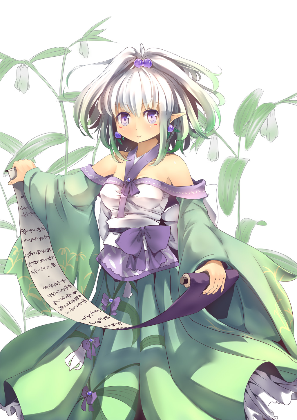 bare_shoulders blue_eyes bow breasts culter dress earrings flower green_hair hair_bobbles hair_ornament highres japanese_clothes jewelry medium_breasts multicolored_hair obi original pointy_ears sash scroll silver_hair smile solo wide_sleeves