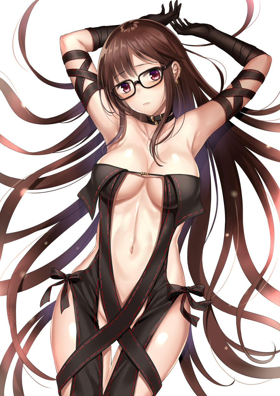 1girl armpits arms_up bangs bare_shoulders black-framed_eyewear black_choker black_dress black_gloves breasts brown_hair center_opening choker cleavage closed_mouth collarbone consort_yu_(fate) cowboy_shot dress ear_piercing earrings elbow_gloves fate/grand_order fate_(series) glasses gloves groin hair_spread_out harimoji head_tilt highres jewelry large_breasts long_hair looking_at_viewer medium_breasts navel piercing purple_eyes revealing_clothes side-tie_dress sidelocks simple_background solo stomach strapless strapless_dress thighs very_long_hair white_background