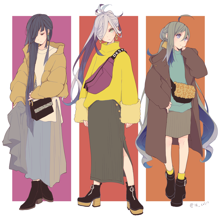 3girls ahoge ankle_boots asashimo_(kantai_collection) bag black_footwear black_hair boots casual coat colis commentary_request earrings eyes_closed grey_eyes grey_hair hair_between_eyes hair_over_one_eye handbag hayashimo_(kantai_collection) high_heel_boots high_heels jacket jewelry kantai_collection kiyoshimo_(kantai_collection) long_skirt multiple_girls one_eye_covered ponytail silver_hair skirt socks winter_clothes winter_coat yellow_legwear