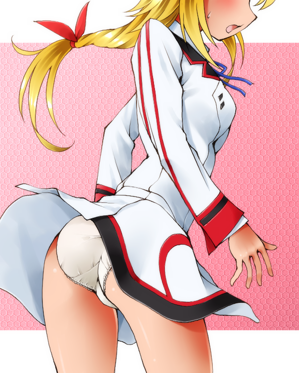 ass blonde_hair blush breasts charlotte_dunois dr_rex head_out_of_frame honeycomb_(pattern) honeycomb_background infinite_stratos long_hair low-tied_long_hair medium_breasts open_mouth panties pink_background ponytail ribbon school_uniform solo sweatdrop underwear white_panties wind wind_lift