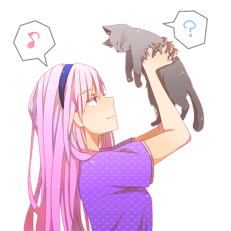 ? cat hairband holding long_hair looking_up megurine_luka musical_note pink_hair profile simple_background smile solo unmoving_pattern vocaloid