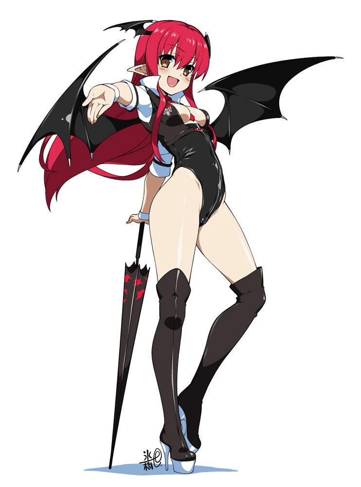 :d alternate_costume bare_hips between_breasts black_leotard blush boots breasts cleavage cleavage_cutout closed_umbrella covered_navel demon_wings full_body head_wings high_heels highleg highleg_leotard holding hyouju_issei koakuma leotard long_hair looking_at_viewer medium_breasts necktie necktie_between_breasts open_mouth outstretched_arm outstretched_hand planted_umbrella pointy_ears race_queen red_hair shoes simple_background smile solo standing thigh_boots thighhighs touhou umbrella white_background wings wrist_cuffs yellow_eyes
