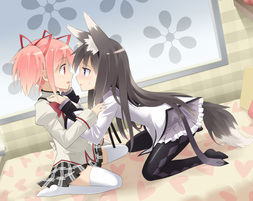 akemi_homura animal_ears bad_id bad_pixiv_id bed black_hair blue_eyes eye_contact feet hand_on_another's_face haribote_(tarao) kaname_madoka kneeling long_hair looking_at_another mahou_shoujo_madoka_magica multiple_girls open_mouth pantyhose pink_hair red_eyes school_uniform sidelocks skirt sweat tail thighhighs twintails very_long_hair yuri