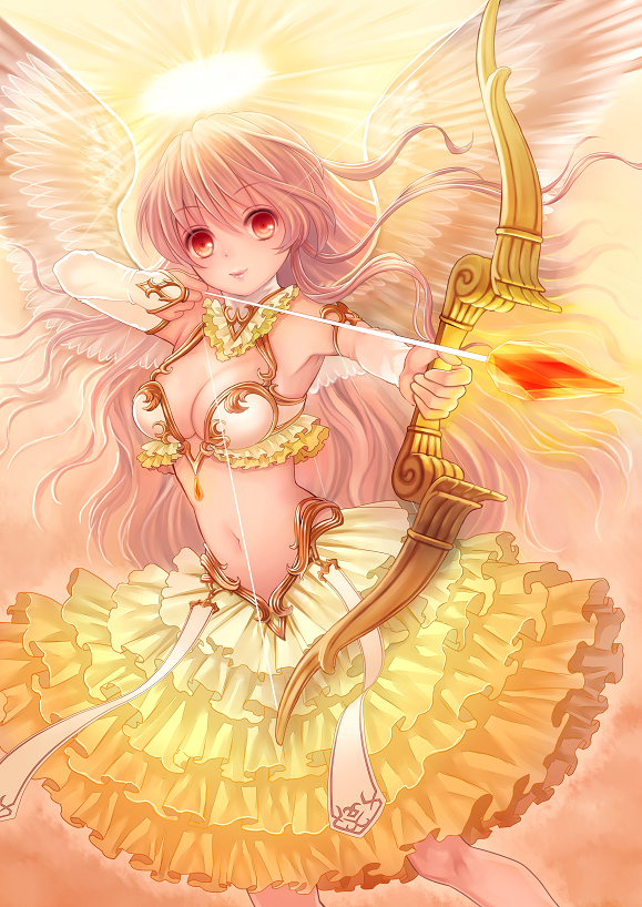aiming angel arrow bad_id bad_pixiv_id bow_(weapon) breasts cleavage elbow_gloves frilled_skirt frills gloves halo holding lips long_hair medium_breasts navel original pink_hair red_eyes skirt solo tamaki_mitsune too_many too_many_frills weapon white_wings wings