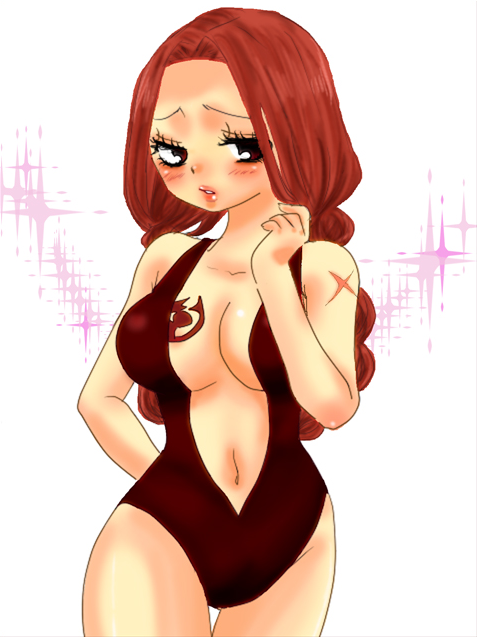 breasts cleavage embarrassed fairy_tail flare_corona large_breasts long_hair red_hair scar swimsuit tattooed_breast