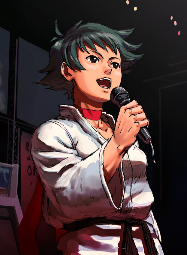 arcade_cabinet bad_id bad_pixiv_id black_hair choker commentary dougi jibon karate_gi makoto_(street_fighter) microphone momochi_(gamer) ribbon_choker short_hair solo street_fighter street_fighter_iii_(series)