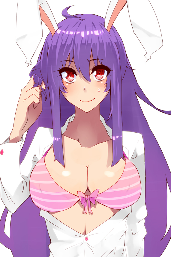 animal_ears bad_id bad_pixiv_id bow bow_bra bra breasts bunny_ears buttons cleavage collarbone dress_shirt hair_twirling jont large_breasts long_hair looking_at_viewer open_clothes open_shirt pink_background pink_bra purple_hair red_eyes reisen_udongein_inaba shirt simple_background smile solo striped striped_bra sweat touhou underwear upper_body very_long_hair white_background