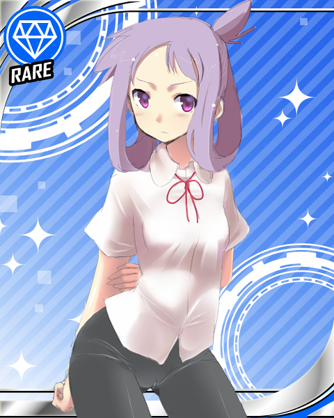 arm_behind_back bike_shorts blouse blush card_(medium) card_parody cinderella_girls_card_parody diamond_(symbol) hand_on_own_arm himematsu_school_uniform idolmaster idolmaster_cinderella_girls nazo_no_murasame_chiaki parody purple_eyes purple_hair ribbon saki solo standing suehara_kyouko