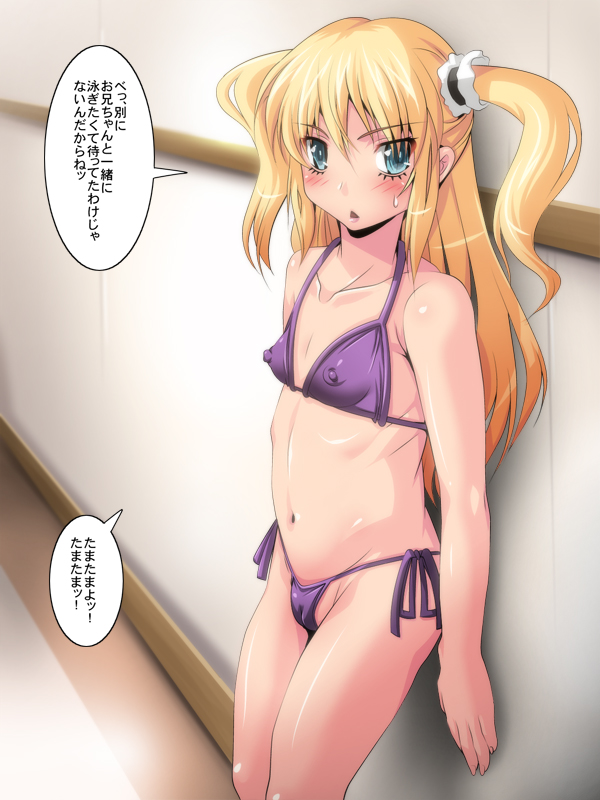 1girl against_wall bare_shoulders bikini blonde_hair blue_eyes blush breast_expansion cameltoe collarbone erect_nipples female long_hair looking_at_viewer navel nokobeya side-tie_bikini small_breasts solo speech_bubble standing sweatdrop swimsuit text translated translation_request twintails
