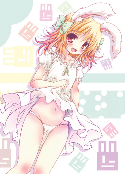 :d animal_ears bad_id bad_pixiv_id blonde_hair blush bow bunny_ears collarbone dress dress_lift fang groin hair_bow holding looking_at_viewer open_mouth original oshiruko_(uminekotei) panties short_hair smile solo underwear white_panties