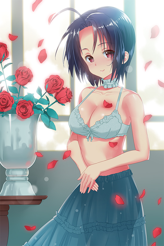 ahoge bad_id bad_pixiv_id black_hair blush body_blush bra breasts choker cleavage collarbone flower idolmaster idolmaster_(classic) large_breasts looking_at_viewer miura_azusa petals red_eyes red_flower red_rose rose shiny shiny_skin short_hair skirt smile solo sonsoso underwear vase