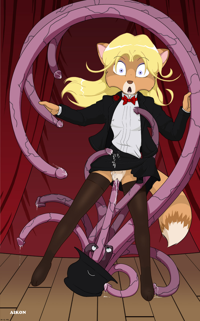 aikon angel blonde_hair bow_tie canine fail female fox hair legwear magic_show magician mammal penis pussy skirt stage stockings surprise tentacle_penis tentacles