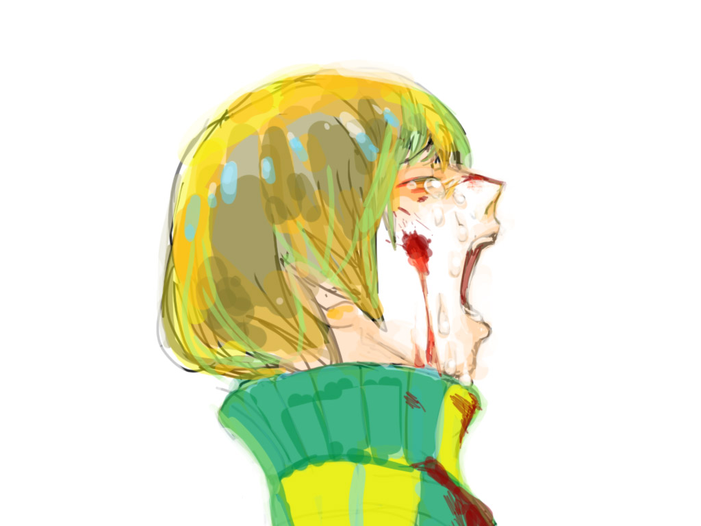 bad_id bad_pixiv_id blood brown_hair closed_eyes jacket notch5555 open_mouth persona persona_4 satonaka_chie short_hair shouting solo tears tomboy track_jacket