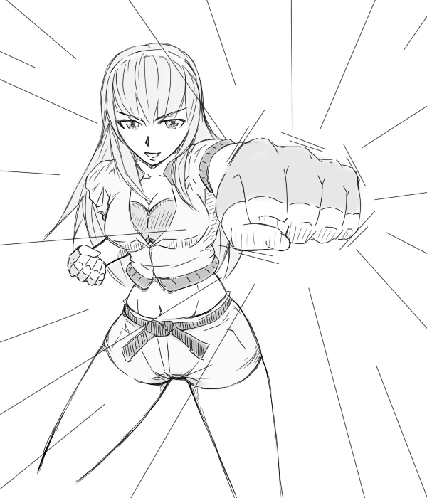 bra breasts cleavage dead_or_alive fighting_stance fingerless_gloves foreshortening gloves greyscale hairband hartman hitomi_(doa) long_hair medium_breasts midriff monochrome navel punching short_shorts shorts solo underwear