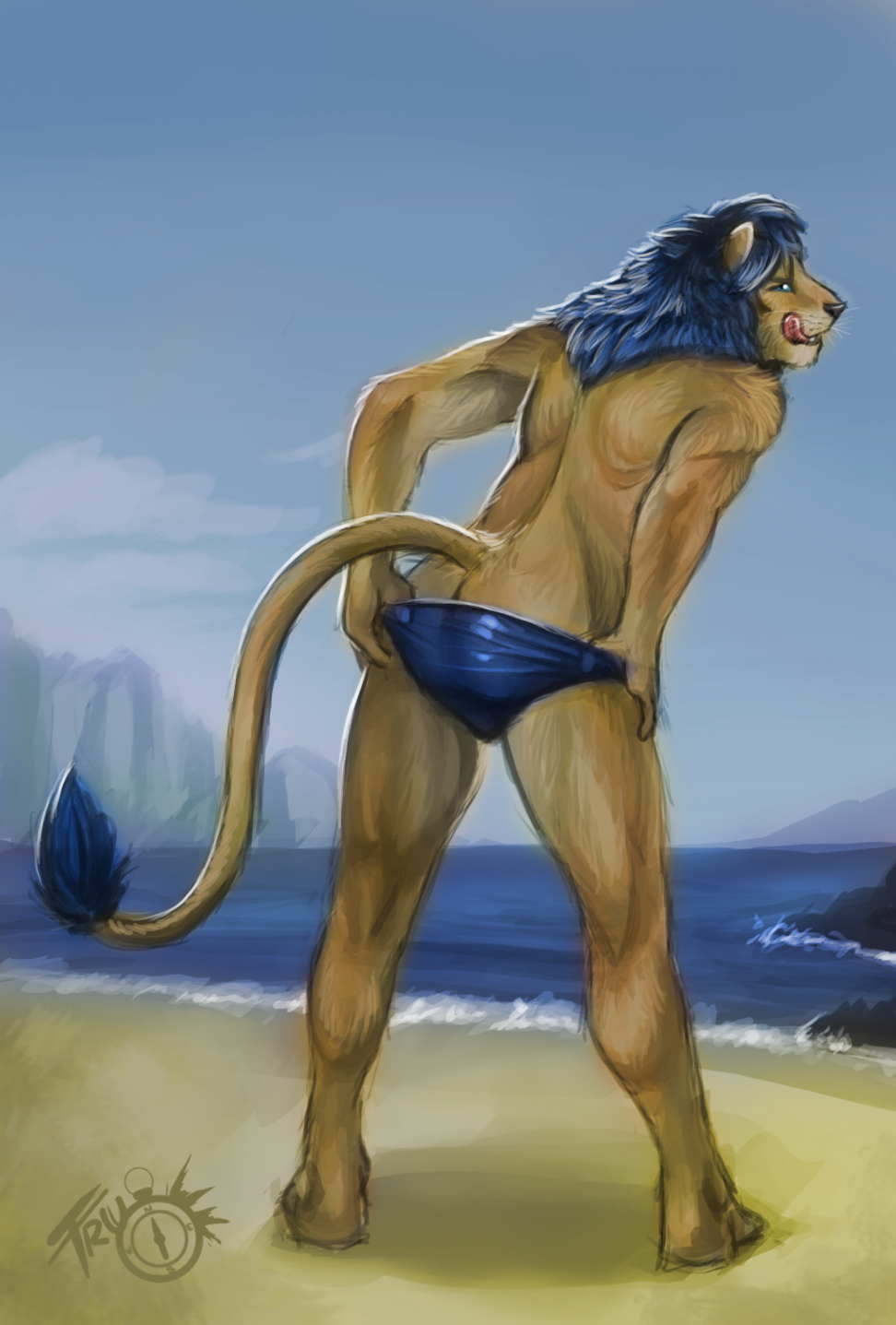 beach blue_hair feline hair lion looking_at_viewer male mammal pose seaside solo speedo striptease swimsuit tendaji trunorth underwear