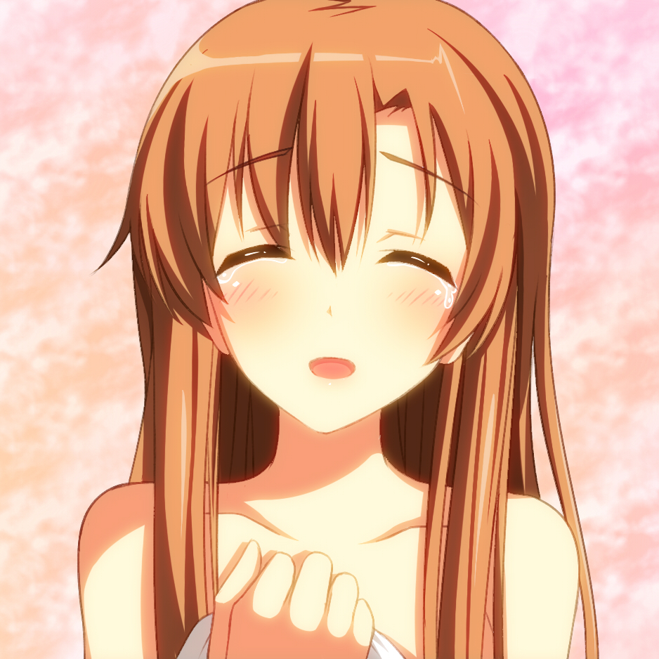 :d ^_^ asuna_(sao) bare_shoulders blush brown_hair ce11wa closed_eyes collarbone holding long_hair open_mouth smile solo sword_art_online upper_body
