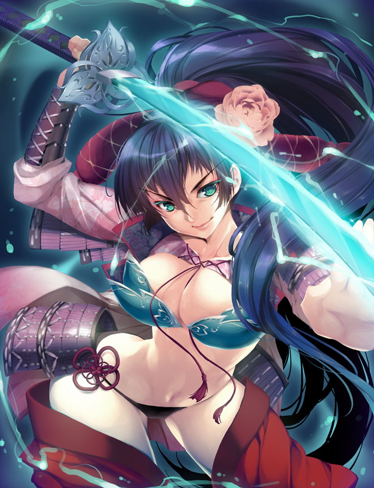 &gt;:) aqua_eyes arm_up armor black_hair black_panties breasts cleavage flower hair_flower hair_ornament holding japanese_armor katana kusazuri large_breasts lips long_hair outstretched_arm panties ponytail satsuki_misuzu sengoku_taisen shoulder_armor smile sode solo sword tachibana_ginchiyo_(sengoku_taisen) tassel underwear v-shaped_eyebrows vambraces very_long_hair weapon