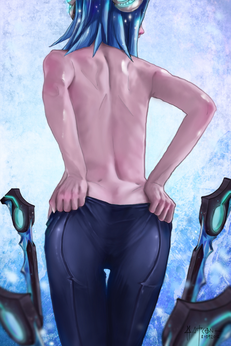 ass back blade blue_hair dated facing_away from_behind frostblade_irelia highres ice irelia league_of_legends long_hair matcon pants pants_pull pulled_by_self signature skin_tight solo thigh_gap tight tight_pants topless