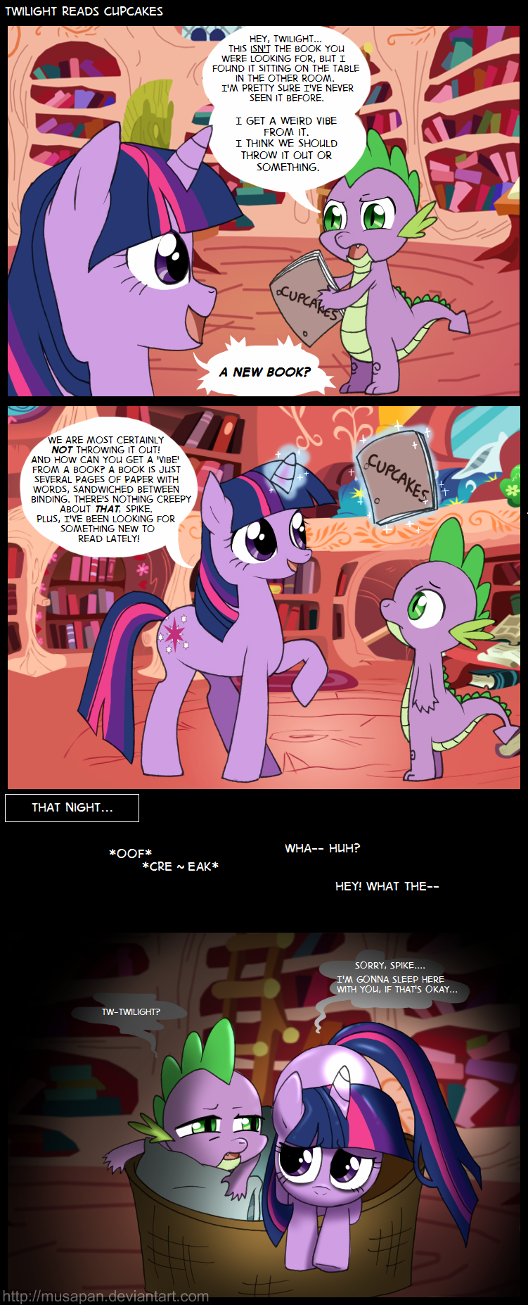 basket book comic cutie_mark dialog dialogue dragon duo english_text equine female feral friendship_is_magic green_eyes hair horn horse inside levitation library magic male mammal multi-colored_hair musapan my_little_pony pegasus pony purple_eyes scalie smile spike_(mlp) text twilight_sparkle_(mlp) unicorn wings