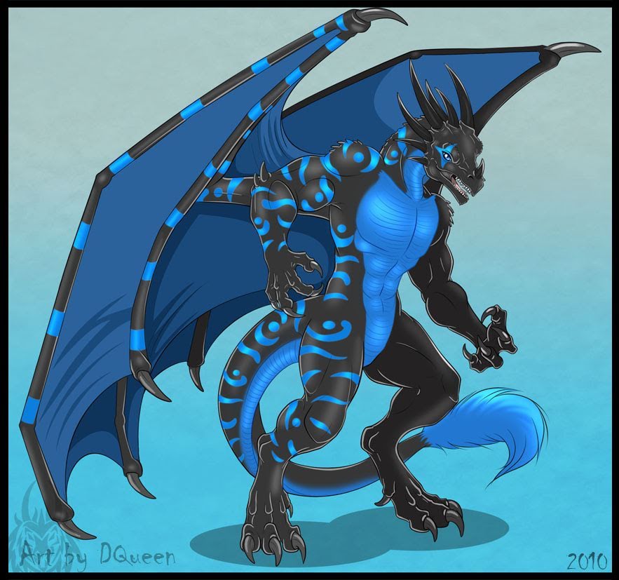 abs airblade anthro biceps black_dragon blue_eyes body_markings claws crouching dqueen dragon fluffy_tail fur horn looking_at_viewer male markings muscles nude paws pecs pose scales solo standing toe_claws wings
