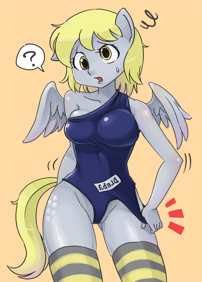anthro anthrofied blonde_hair breasts cutie_mark derpy_hooves_(mlp) equine female friendship_is_magic hair horse legwear looking_at_viewer mammal my_little_pony one-piece_swimsuit pegasus plain_background pony shepherd0821 solo stockings swimsuit wings yellow_eyes