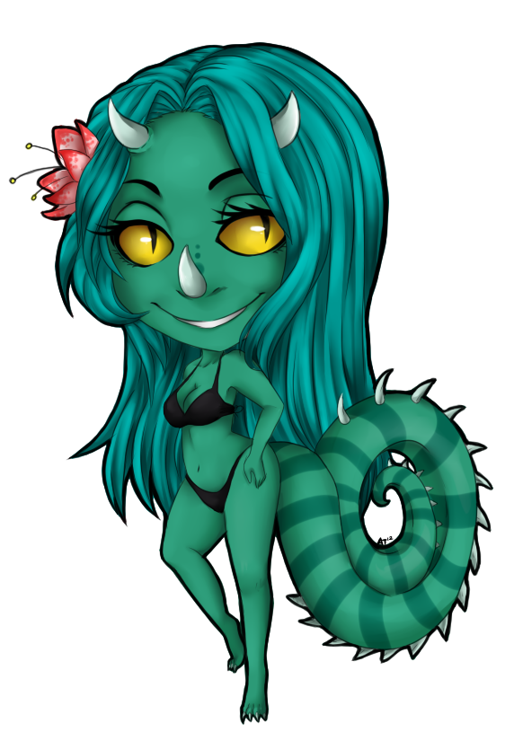 amber_eyes ashleyzombie bikini breasts chameleon clothed clothing coiled_tail crisalia female flower hair horn lizard long_hair looking_at_viewer reptile scalie skimpy slit_pupils smile spikes swim_suit swimsuit