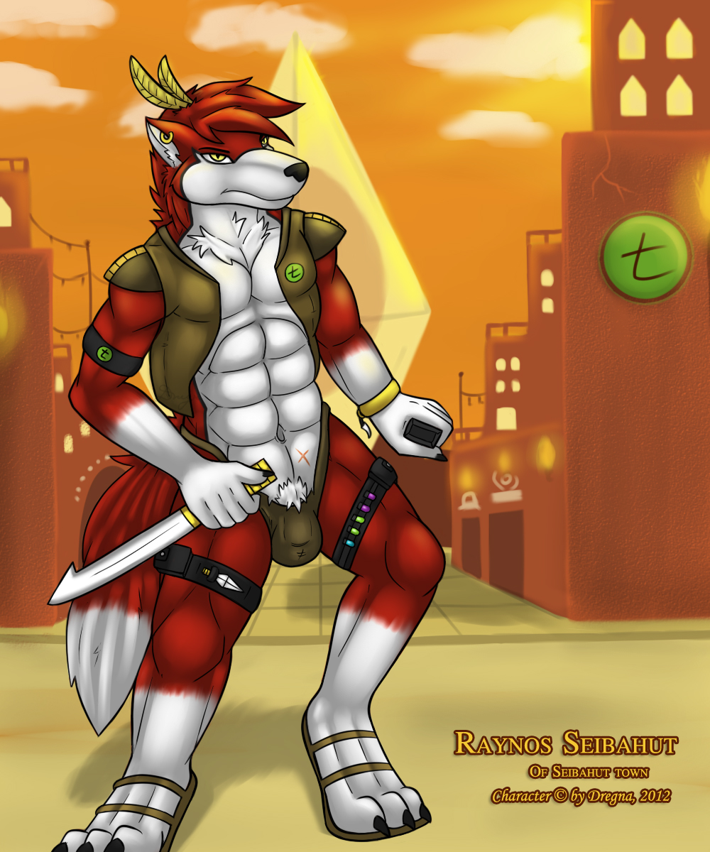 anthro belt biceps bulge canine chest_tuft clothing footwear fur hunter knife loincloth male mammal muscles open_shirt outside pecs pose public red_fur sandals shirt solo tuft underwear weapon white_fur wolf yellow_eyes
