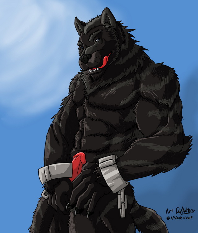 anthro balls beefy biceps big big_muscles black_fur black_nose blue_eyes body_markings canine chain chest_tuft claws erection fangs fur licking looking_at_viewer male mammal markings muscles nude pecs penis pose rape_face shackles solo standing stripes tongue tongue_out tuft vverevvolf were werewolf wolf wolfthings