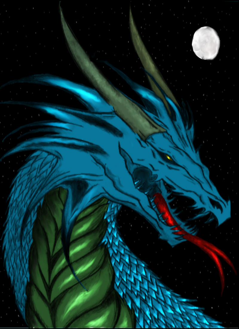 ambiguous_gender blue blue_scales dragon feral forked_tongue horn moon portrait scalie solo tongue unknown_artist