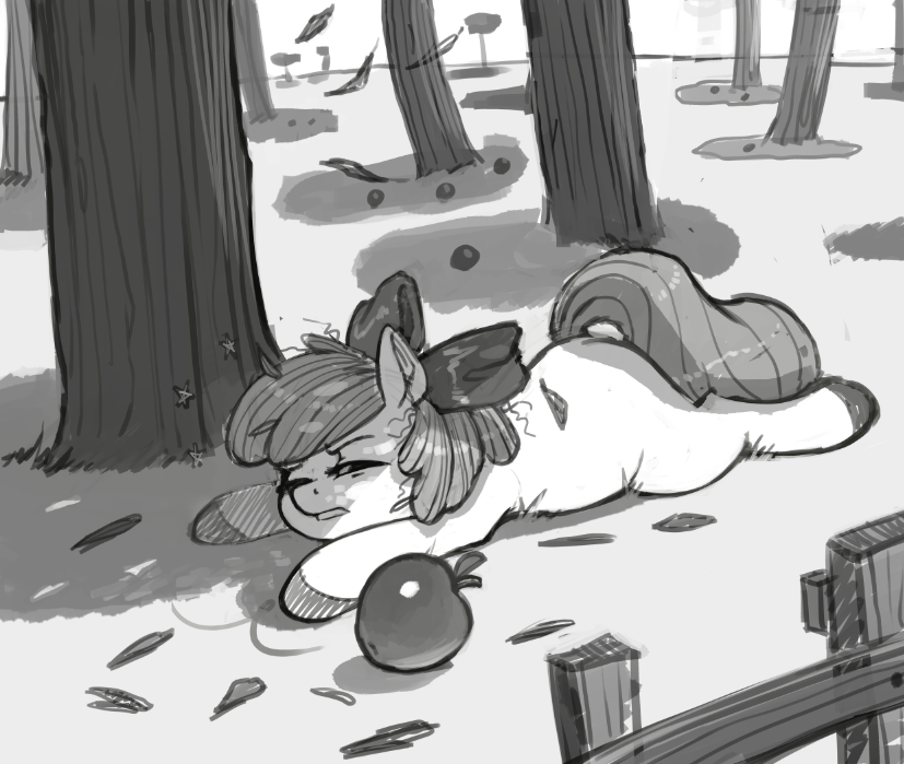 apple apple_bloom_(mlp) cub equine female fence feral friendship_is_magic fruit horse kevinsano lying mammal monochrome my_little_pony plain_background pony solo tree wings wood young