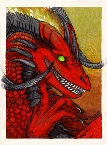 dragon fangs fire green_eyes grin horn portrait scalie solo whiteraven90
