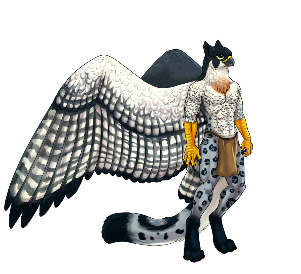 anthro avian biceps bird claws cloth feathers feline fur gryphon leopard likinshine loincloth male mammal muscles pecs pose snow_leopard solo spots standing striped_feathers topless underwear wings