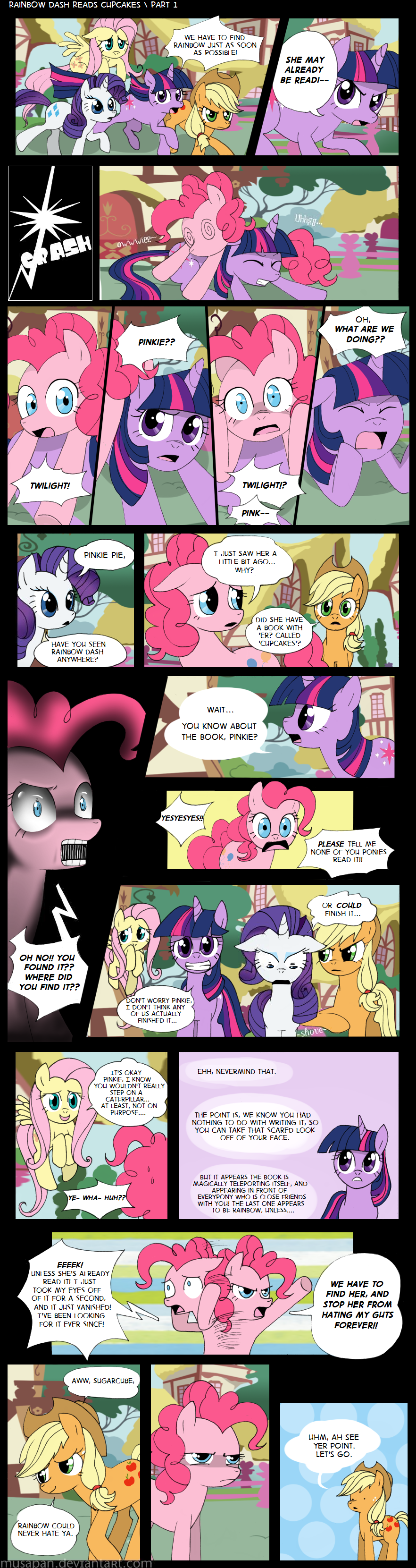 applejack_(mlp) blonde_hair blue_eyes book comic cowboy_hat cutie_mark dialog dialogue english_text equine female feral fluttershy_(mlp) freckles friendship_is_magic green_eyes group hair hat horn horse mammal multi-colored_hair musapan my_little_pony outside pegasus pink_hair pinkie_pie_(mlp) pony purple_eyes rarity_(mlp) text twilight_sparkle_(mlp) unicorn wings