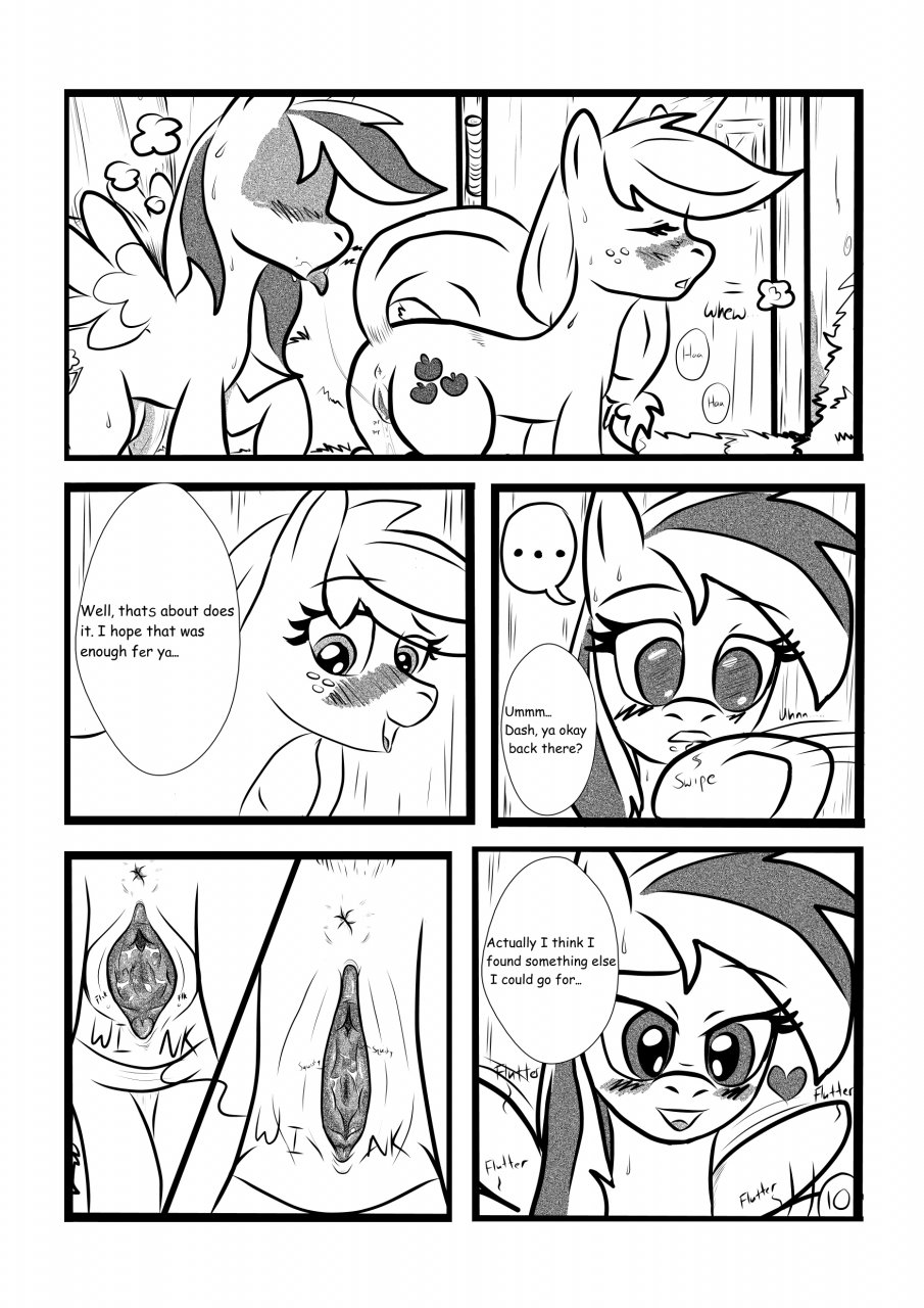 anus applejack_(mlp) barn black_and_white blush comic cutie_mark dialog dialogue duo english_text equine female feral freckles friendship_is_magic hay horse kyokimute lesbian mammal monochrome my_little_pony open_mouth pegasus plain_background pony pussy rainbow_dash_(mlp) saliva saliva_string spreading text white_background wing_boner wings