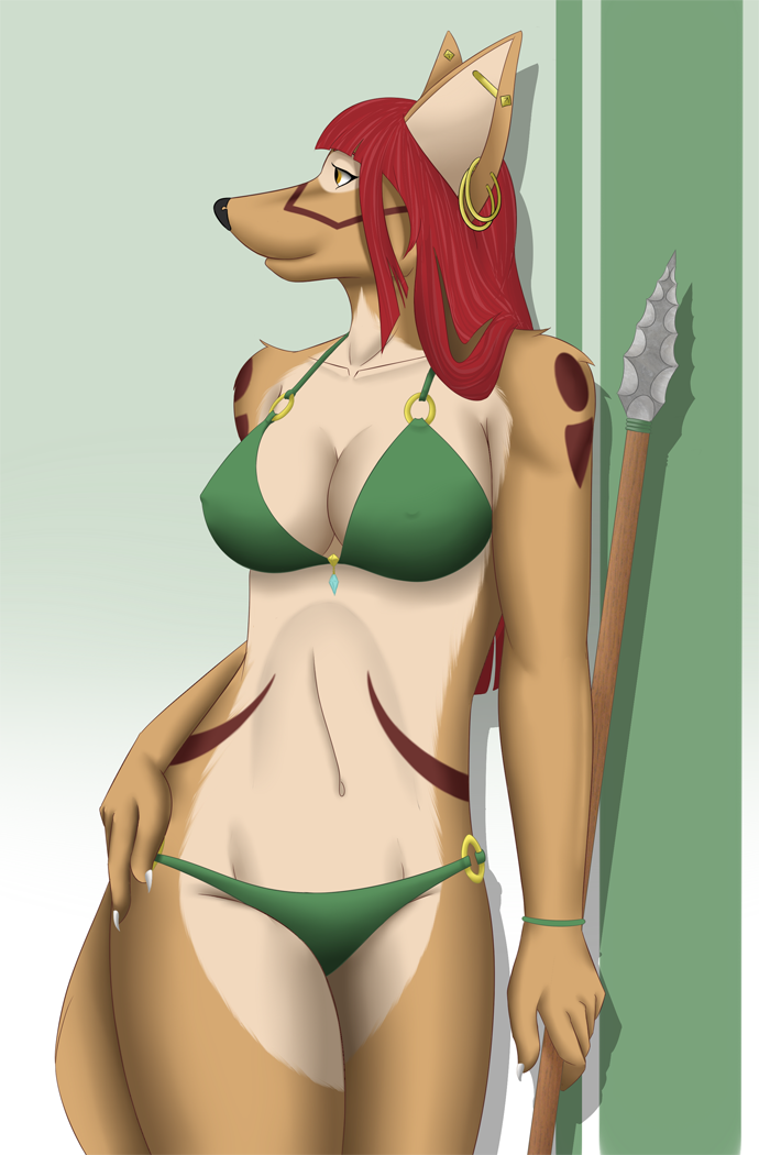 canine clothed clothing coyote crooked_red_wulf crookedredwulf ear_piercing female hair industrial_piercing malani mammal melanie piercing polearm red_hair skimpy spear swimsuit tribal