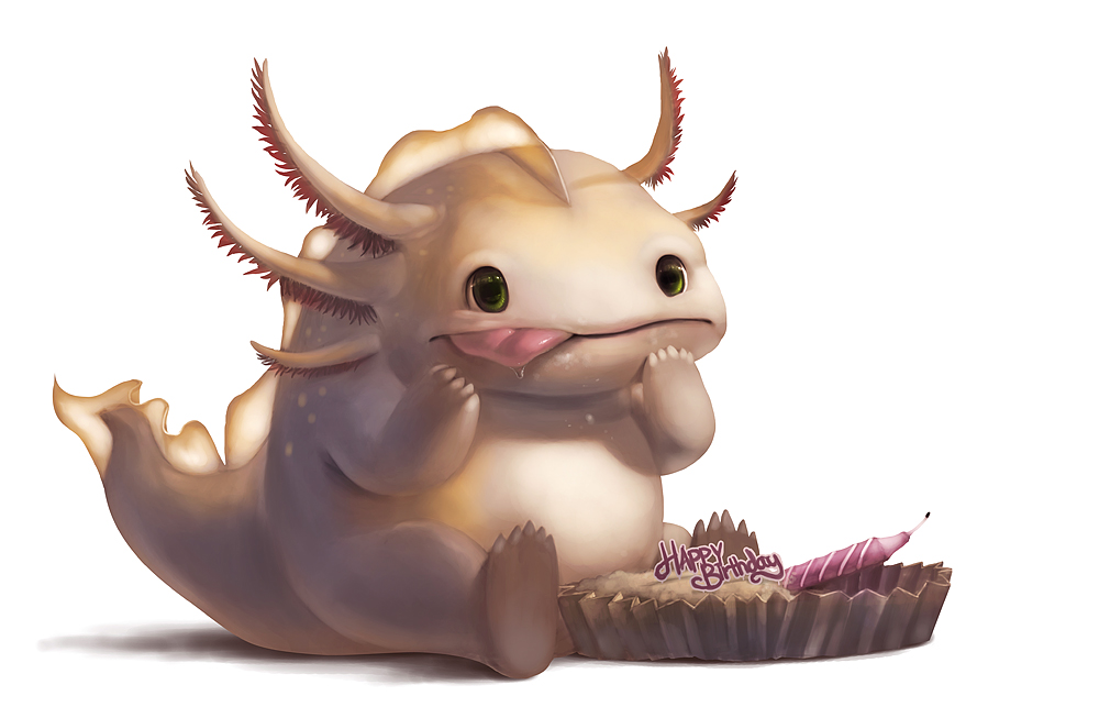 ambiguous_gender axolotl cake candle cute food licking licking_lips overweight plain_background silverfox5213 solo tongue white_background