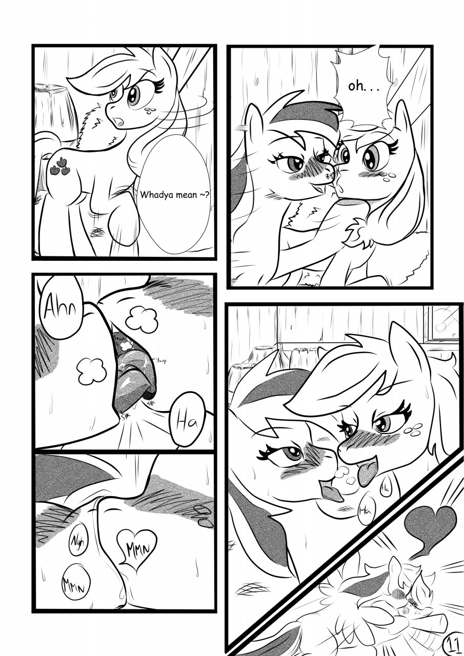 applejack_(mlp) barn black_and_white comic cutie_mark dialog dialogue duo english_text equine female feral freckles friendship_is_magic hay horse kissing kyokimute lesbian mammal monochrome my_little_pony open_mouth pegasus plain_background pony rainbow_dash_(mlp) text white_background wing_boner wings