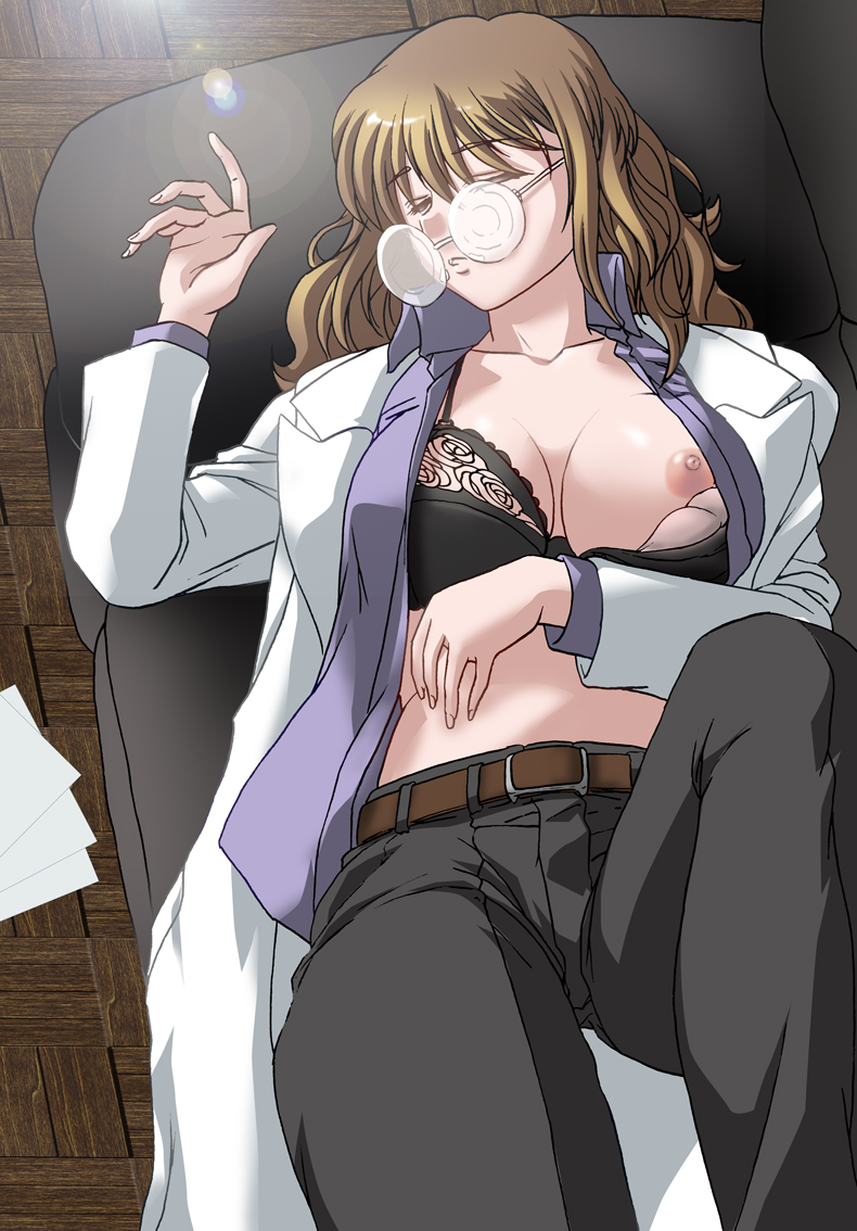 1girl bangs belt bra breast_slip breasts brown_hair camussteed cleavage eyes_closed glasses indoors lab_coat labcoat large_breasts lens_flare long_hair milf nipples open_clothes open_shirt pants sleeping solo teacher unconscious underwear undressing