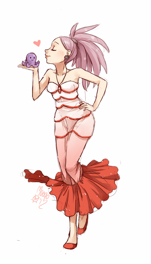 animal bare_shoulders dress earrings hand_on_hip heart jewelry lips long_hair meago necklace octopus original personification profile purple_hair signature simple_background sketch solo strapless strapless_dress themed_object