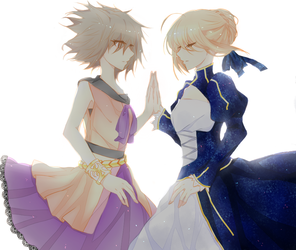 ahoge artoria_pendragon_(all) backlighting bad_id bad_pixiv_id belt blonde_hair bracelet brown_eyes brown_hair closed_eyes crossover dress fate/zero fate_(series) hair_ribbon jewelry juliet_sleeves long_sleeves multiple_girls parted_lips puffy_sleeves ribbon saber sariteru sash short_hair simple_background skirt sleeveless touhou toyosatomimi_no_miko trait_connection white_background