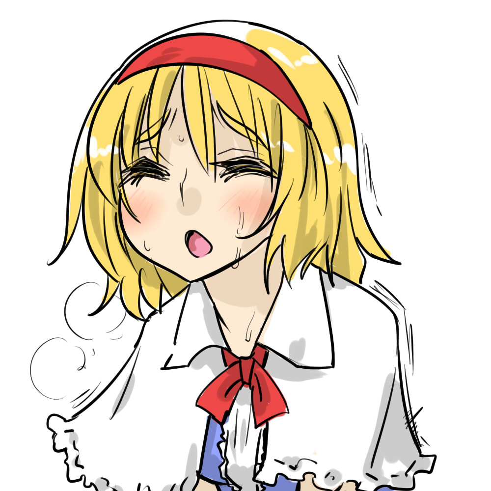 alice_margatroid blonde_hair blush capelet closed_eyes commentary dress heavy_breathing open_mouth seki_(red_shine) sexually_suggestive short_hair solo sweat touhou trembling