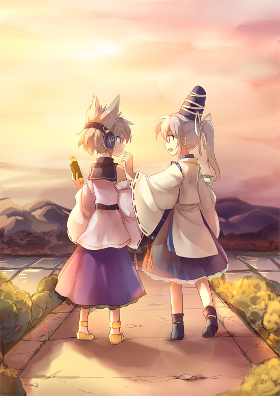 bag blonde_hair detached_sleeves feeding hair_ribbon hat hat_ribbon headphones japanese_clothes kariginu long_hair long_sleeves mononobe_no_futo mountain multiple_girls open_mouth outstretched_hand ponytail ribbon rice_paddy scroll shirt short_hair silver_hair skirt sky smile sunset touhou toyosatomimi_no_miko wide_sleeves yetworldview_kaze