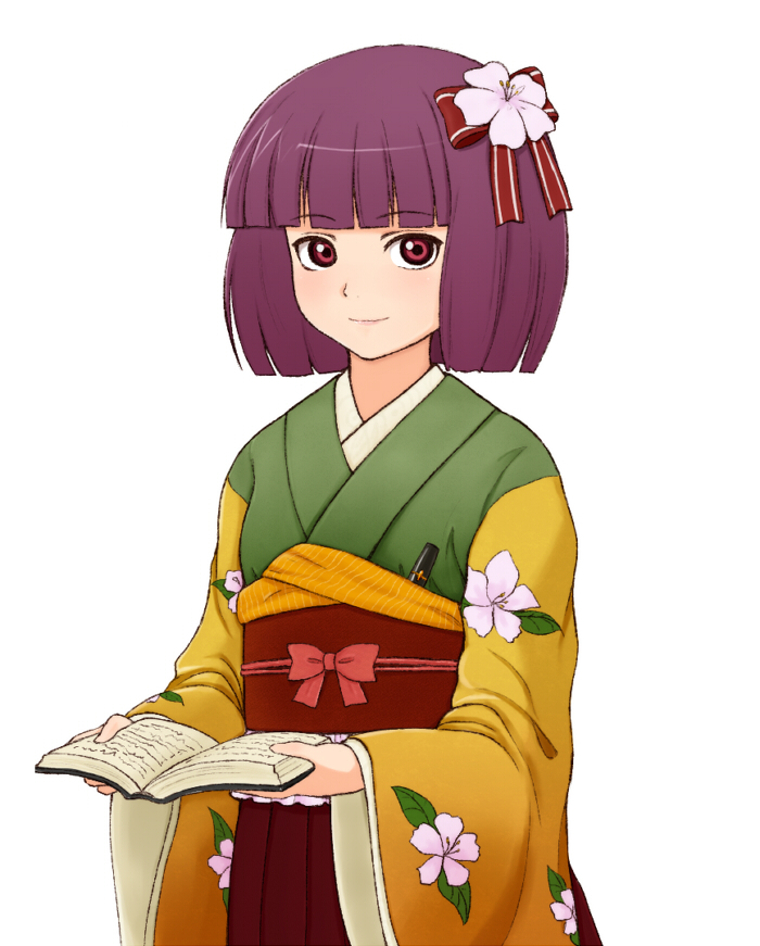 bad_id bad_pixiv_id bob_cut book bow flower fuyube_gin_(huyube) hair_bow hair_flower hair_ornament hieda_no_akyuu holding holding_book japanese_clothes looking_at_viewer obi open_book purple_hair red_eyes sash short_hair simple_background smile solo touhou white_background