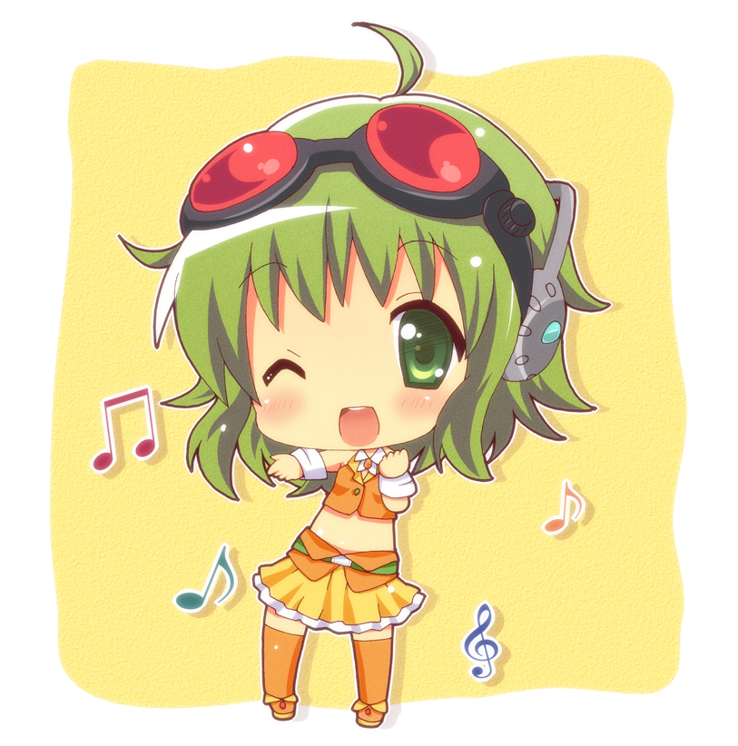 bad_id bad_pixiv_id blush chibi goggles goggles_on_head green_eyes green_hair gumi headphones kumakichi_(toshigat) musical_note one_eye_closed open_mouth short_hair skirt smile solo vocaloid