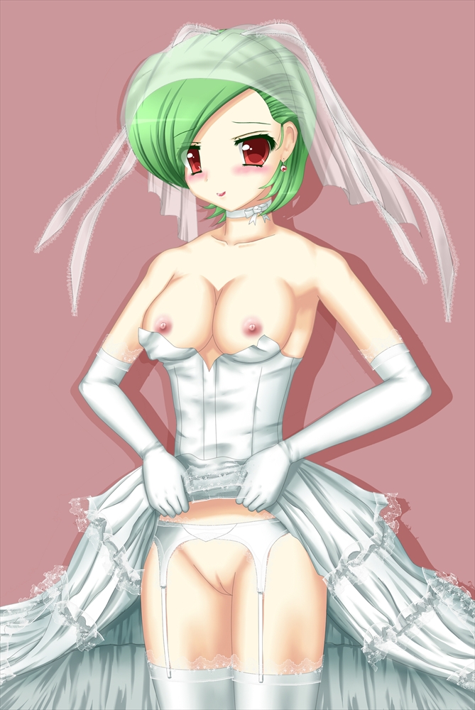 1girl breasts bride dress dress_lift gardevoir green_hair nipples personification pokemon pussy solo thighhighs uncensored wedding_dress