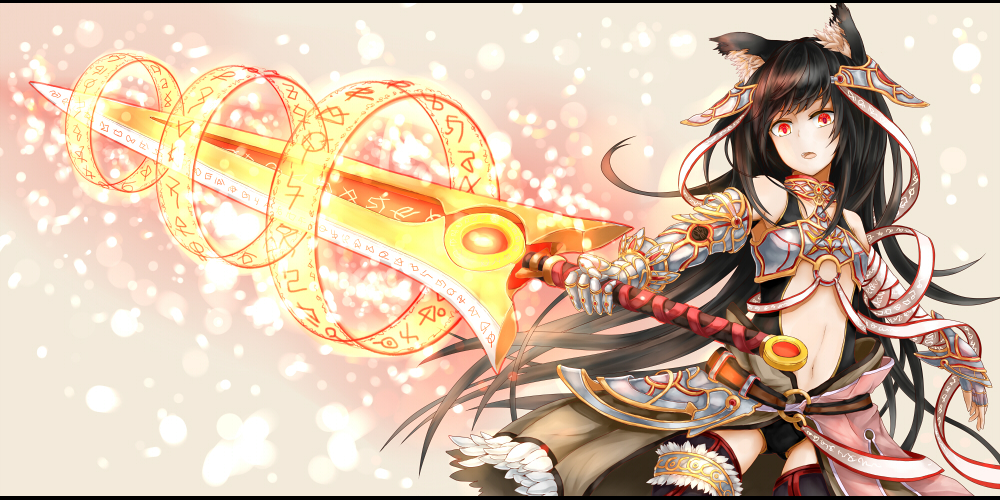animal_ears armor azure_luna black_hair cat_ears grey_background long_hair looking_at_viewer magic_circle navel_cutout open_mouth original red_eyes ribbon simple_background solo standing sword thighhighs very_long_hair weapon