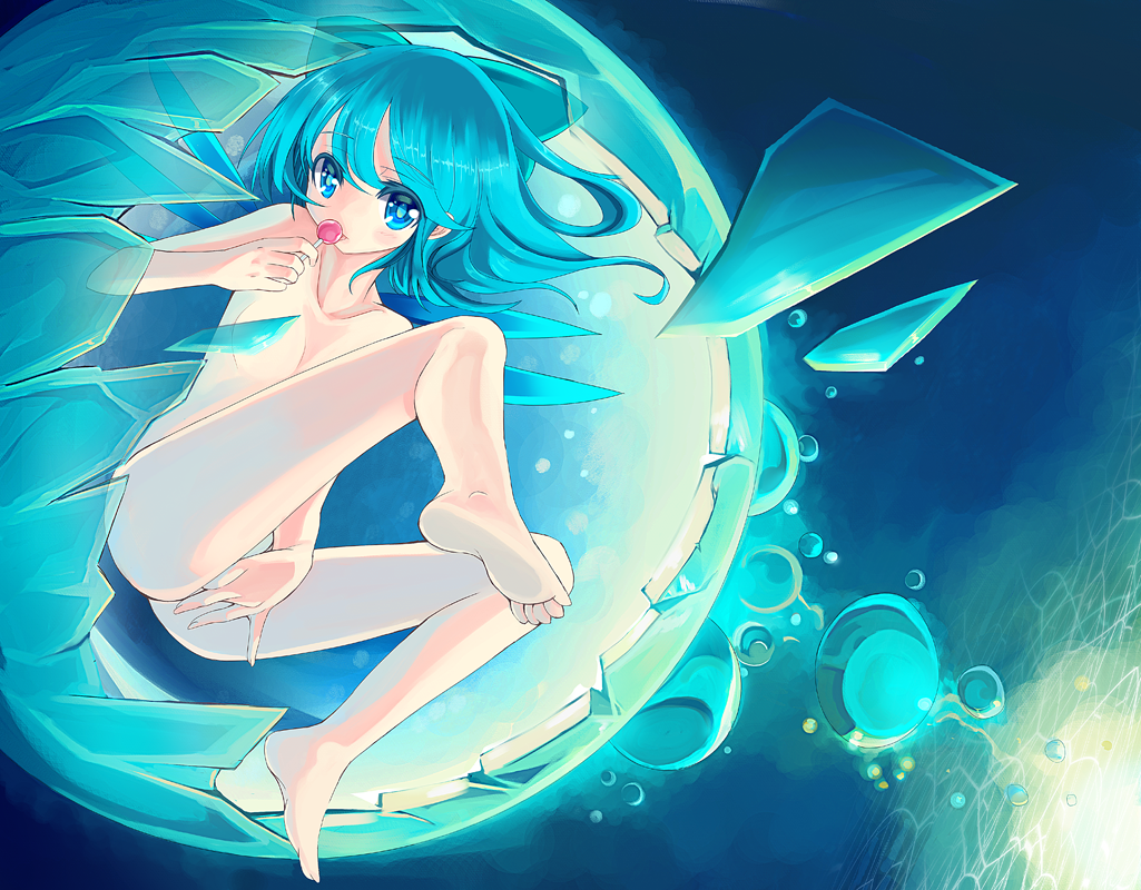 barefoot blue blue_eyes blue_hair blush bow breasts candy cirno heri lollipop nude short_hair touhou underwater water wings