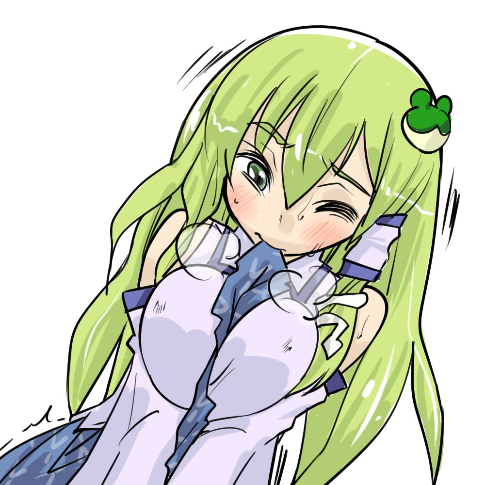 bare_shoulders blush breast_press breast_squeeze breasts covered_nipples detached_sleeves frog_hair_ornament green_eyes green_hair hair_ornament hair_tubes kochiya_sanae large_breasts long_hair mouth_hold seki_(red_shine) skirt skirt_lift smile snake solo sweat touhou trembling wince