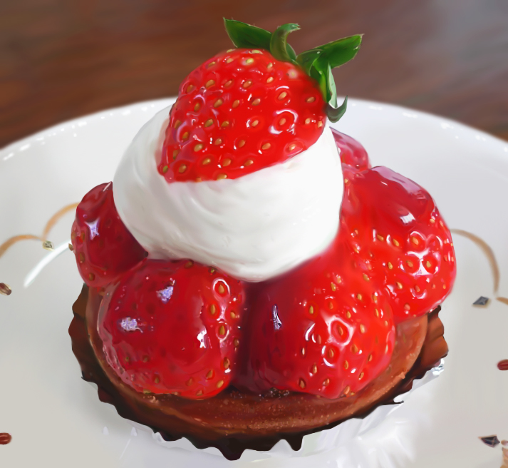 bad_pixiv_id cream dessert dish food fruit granada no_humans photorealistic still_life strawberry