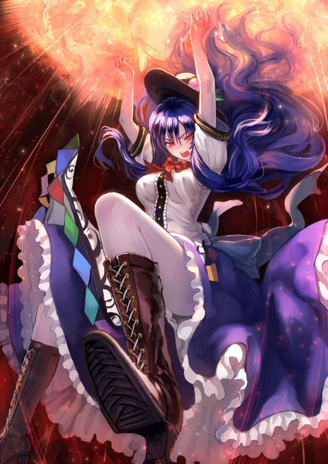 arms_up blue_hair boots breasts cross-laced_footwear dress energy_ball fire food from_below fruit hat hinanawi_tenshi long_hair medium_breasts open_mouth pantyhose peach red_eyes ryuuzaki_ichi skirt solo touhou white_legwear